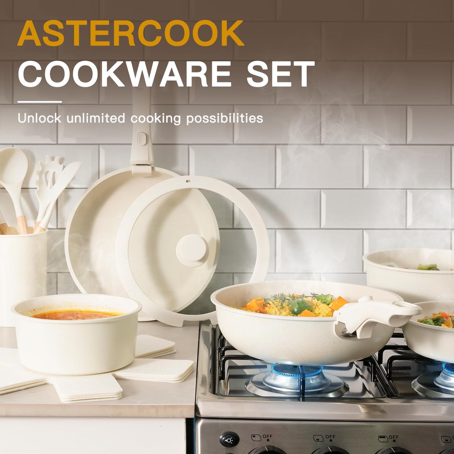 Astercook Ceramic Non-stick Cookware 21 Pcs Pots and Pans Set, Detachable Handle, RV Kitchen Non Stick Cooking Set Removable Handles, Oven Safe, Induction Ready, Stackable, Cream White