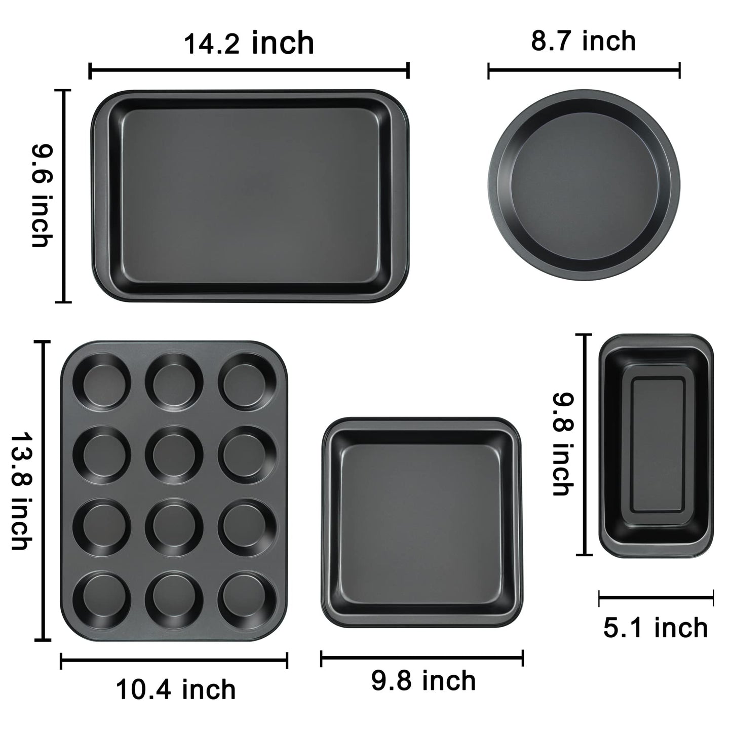 mobzio Kitchen 5-Piece Nonstick Bakeware Set - Round/Square Cake Pans, Muffin Pan, Loaf Pan, Roast Pan & Baking Sheets
