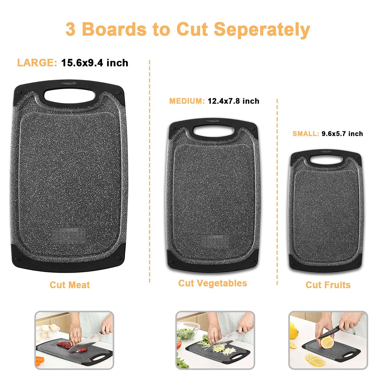Cutting Boards for Kitchen, Large-Small Cutting Board Set of 3, Dishwasher Safe, Juice Groove, Easy Grip Handle, Non-Slip Rubber Cutting Board