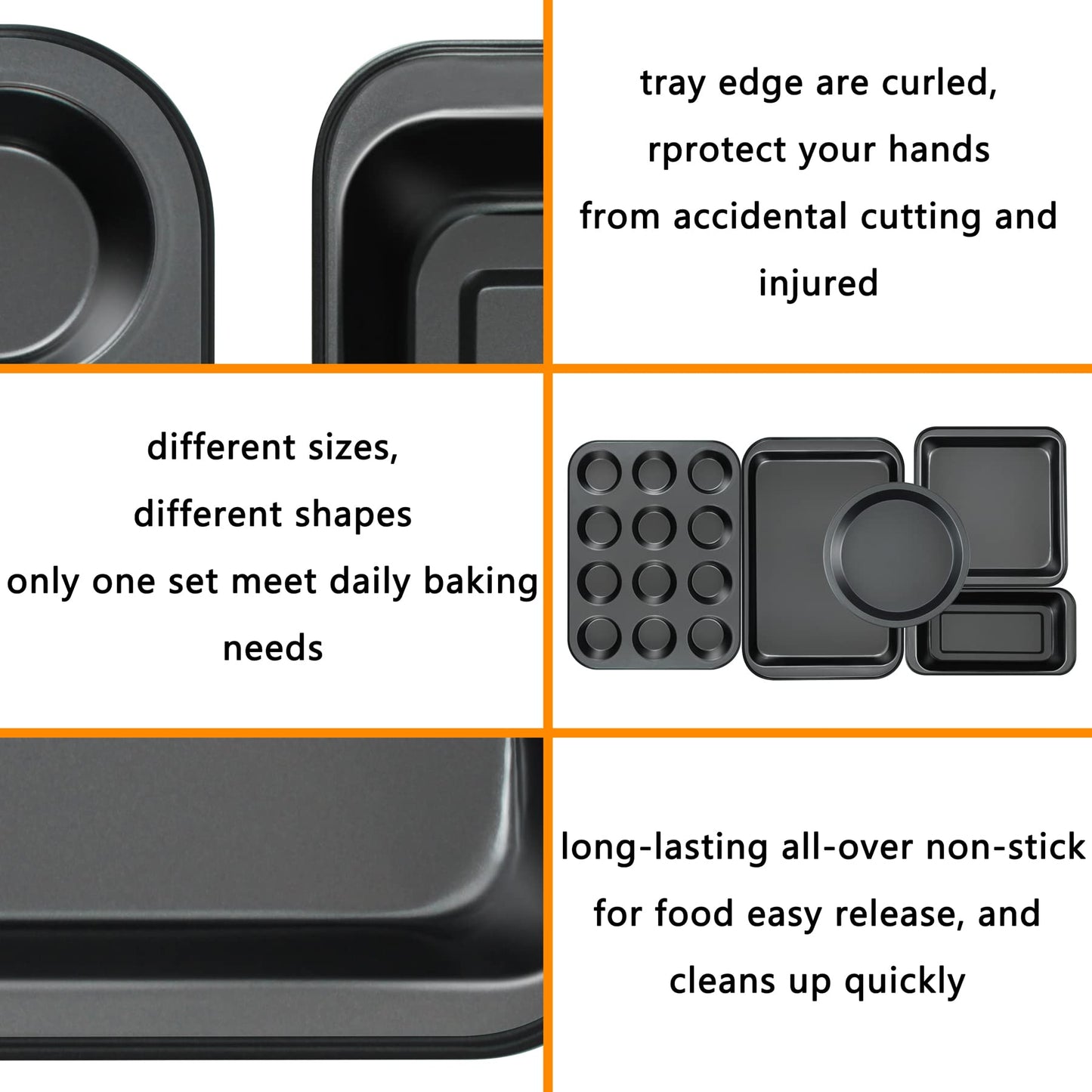 mobzio Kitchen 5-Piece Nonstick Bakeware Set - Round/Square Cake Pans, Muffin Pan, Loaf Pan, Roast Pan & Baking Sheets