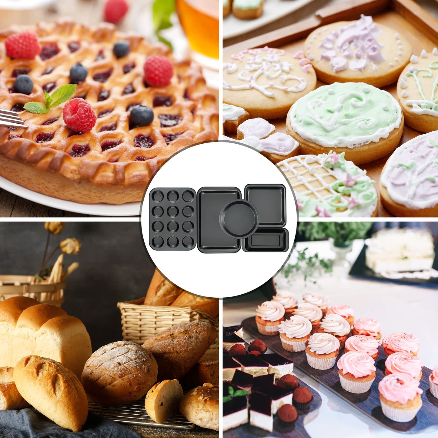 mobzio Kitchen 5-Piece Nonstick Bakeware Set - Round/Square Cake Pans, Muffin Pan, Loaf Pan, Roast Pan & Baking Sheets