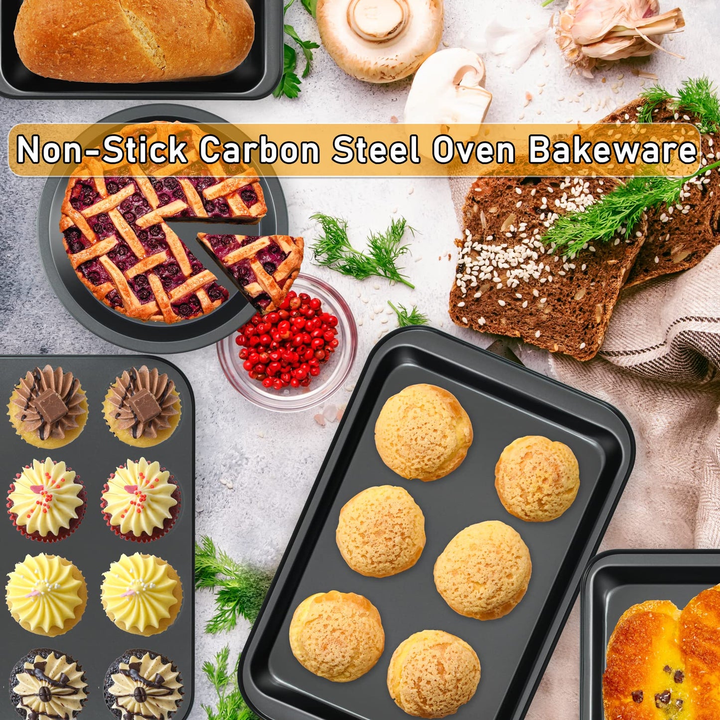 mobzio Kitchen 5-Piece Nonstick Bakeware Set - Round/Square Cake Pans, Muffin Pan, Loaf Pan, Roast Pan & Baking Sheets